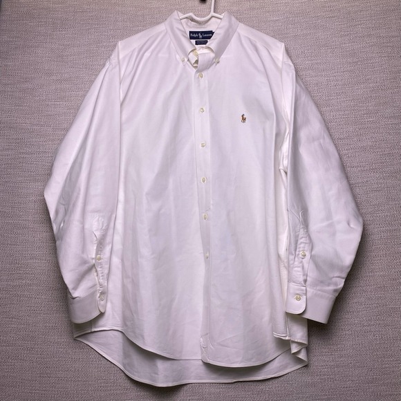 Ralph Lauren Shirt 17.5 45 Mens L/S OCBD Yarmouth White Flesh Pony **FLAWS** - Picture 2 of 7